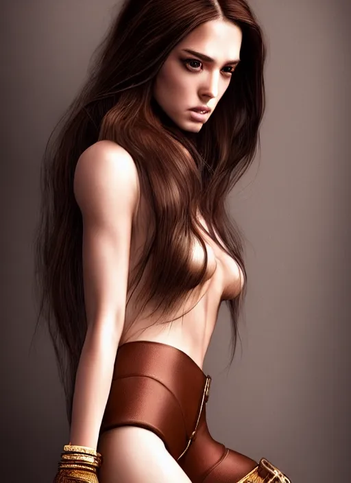 Image similar to a gorgeous female with long brown hair, photo by steven klein, realistic, full body shot, wide angle, sharp focus, 8 k high definition, insanely detailed, intricate, elegant, art by stanley lau and artgerm, floating embers