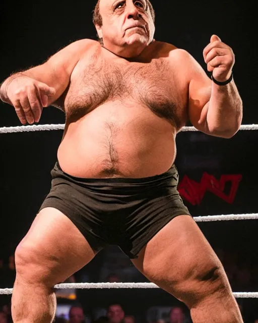 Image similar to portrait of danny devito as a wwe wrestler. photographic, photography