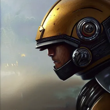 Image similar to A beautiful ultradetailed painting of a helmeted Space Marine, Adeptus Astartes, Warhammer 40k, John William Waterhouse, Raphael Lacoste, Makoto Shinkai, trending on artstation, ultrawide lens