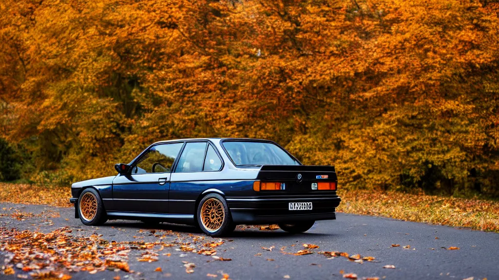 Prompt: a rear shot of a modified bmw e 3 0 driving through autumn leaves, motion blur, 3 5 mm photography, car photography, clean lines, realistic