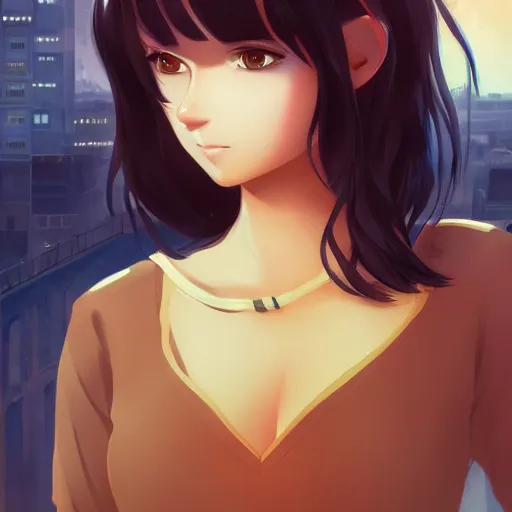 Image similar to a beautiful woman with a hime haircut, dark brown hair and tan skin, dark brown eyes, city landscape, 4k, anime key visual, lois van baarle, ilya kuvshinov, rossdraws, artstation