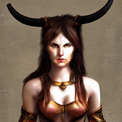 Image similar to fantasy portrait of a kind female Minotaur warrior, concept art, soft lighting