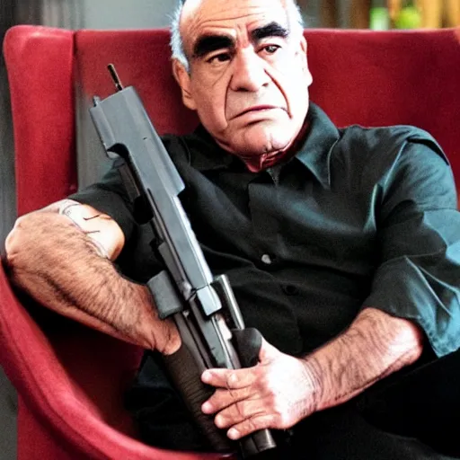 Prompt: lalo salamanca sitting in a chair with his gun