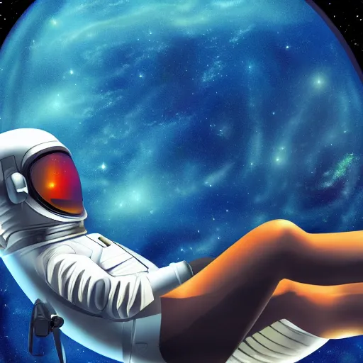 Image similar to an astronaut lounging in a tropical resort in space in a photorealistic style