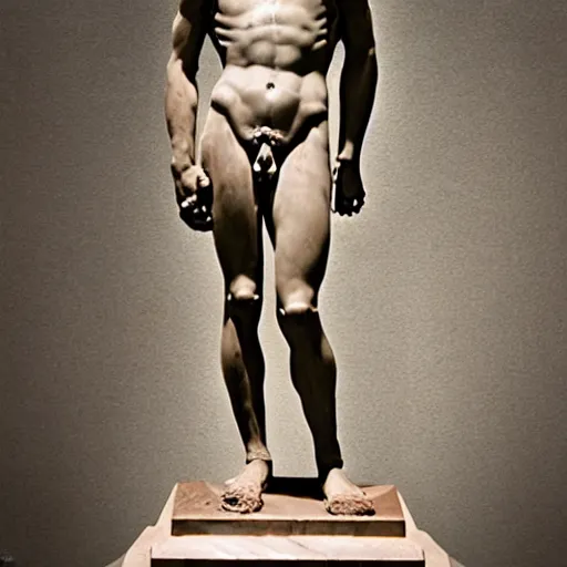 Image similar to marble statue of Michelangelo\'s David made of chocolate, museum photo, 4k, detailed, uncropped, full body