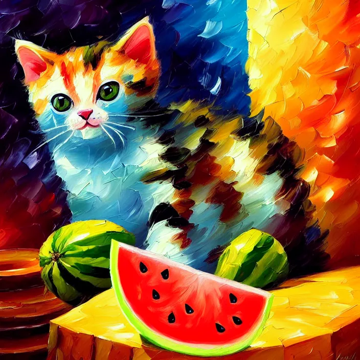 Prompt: colourful painting of cute little kitty and watermelon, art in paul lehr and leonid afremov style, close shot, bright, evening, soft lighting, focus, masterpiece art