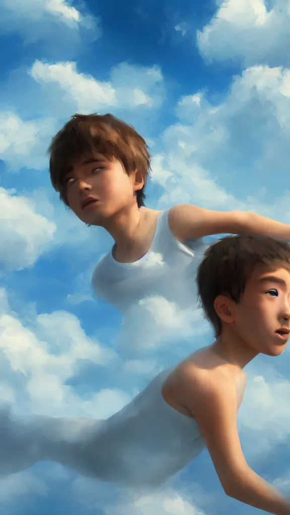 Image similar to A boy swimming in the clouds, volumetric lightin, highly detailed, digital painting, artstation, concept art, smooth, sharp focus, blue sky, sunshine