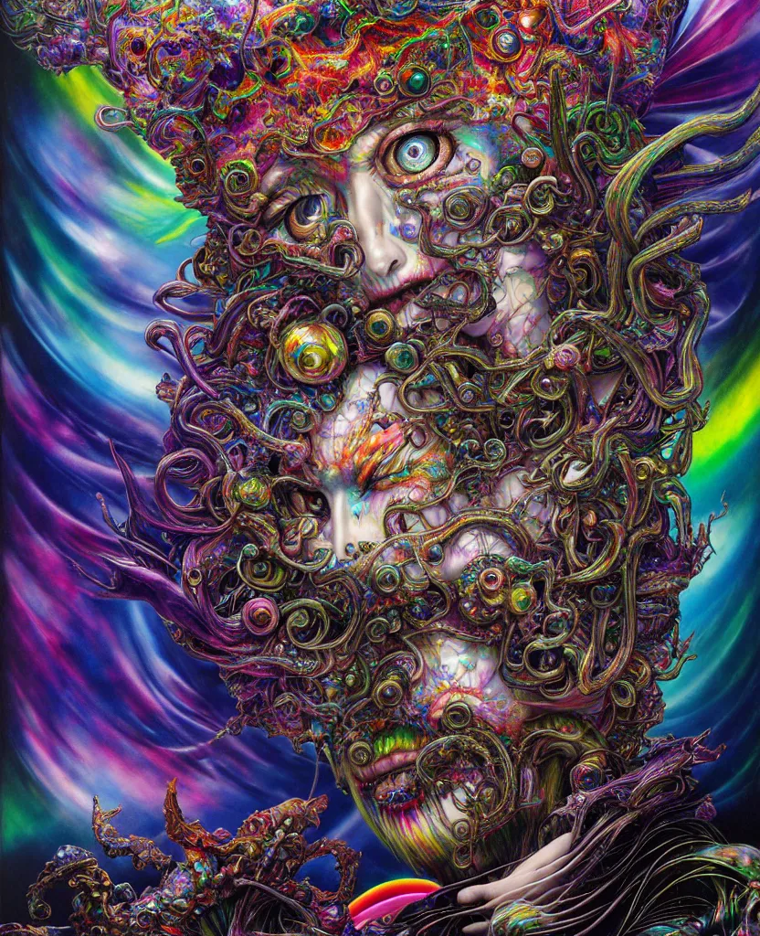 Image similar to realistic detailed image of rainbow iridescent mega god of chaos, depth perception, depth of field, action horror by lisa frank, ayami, karol bak, neo - gothic, gothic, rich deep colors, part by adrian ghenie and gerhard richter. art by yoshitaka amano. masterpiece