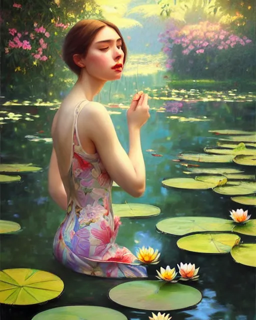 Prompt: stylized portrait of an artistic pose, composition, young lady sorrounded by nature, water lilies, flowers, realistic shaded, fine details, realistic shaded lighting poster by ilya kuvshinov, magali villeneuve, artgerm, jeremy lipkin and michael garmash and rob rey