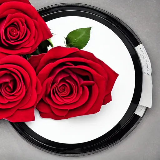 Prompt: red roses on a vinyl record, dark photograph