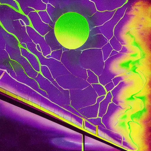 Image similar to a dark matter piece of purple sky with a green sun falls to the ground and breaks into fragments, metallic bridge, futurism, schizophrenia, hyperrealistic fall