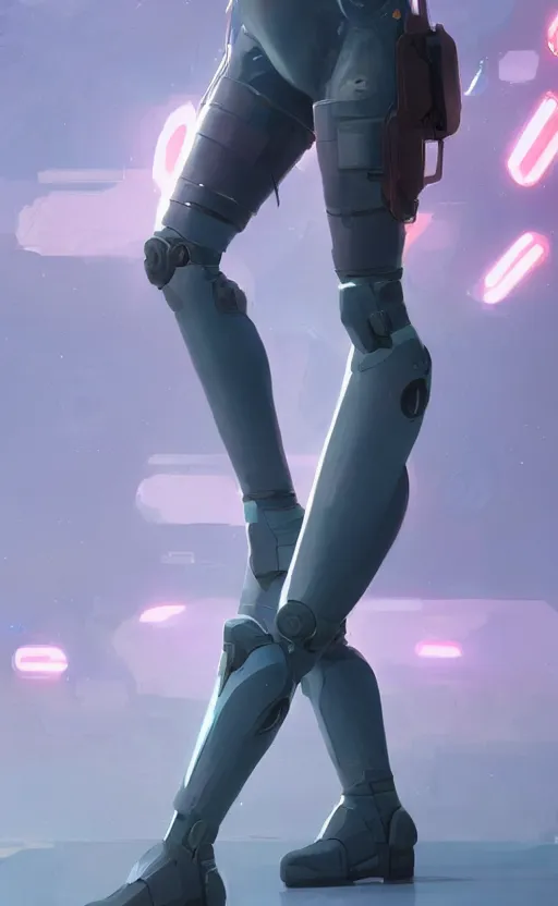 Image similar to sci fi female character, muted colored bodysuit, sci-fi large mech boots that go up to the thigh, thick mechanical leg accessory, soft lighting, wojtek fus, by Makoto Shinkai and Ilya Kuvshinov,