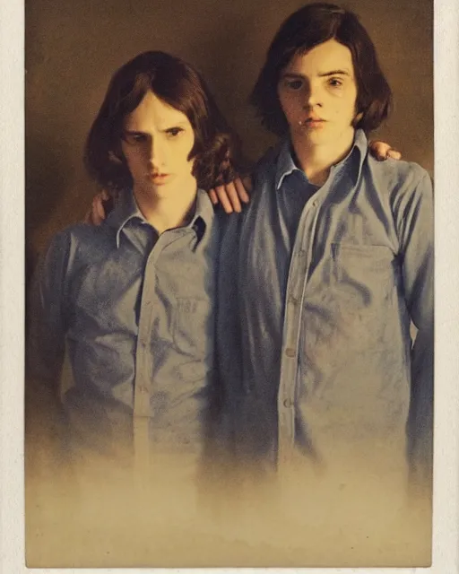 Prompt: an instant photo of two beautiful but sinister young men wearing oxford shirts in layers of fear, with haunted eyes and dark hair, 1 9 7 0 s, seventies, wallpaper, a little blood, moonlight showing injuries, delicate embellishments, painterly, offset printing technique, by brom, robert henri, walter popp