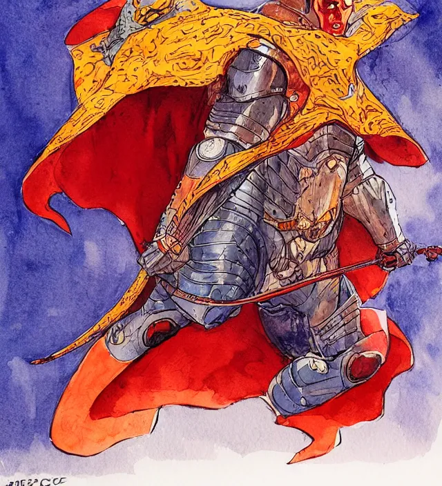 Image similar to a watercolor ink painting of a superhero knight in the style of jean giraud in the style of moebius trending on artstation deviantart pinterest detailed realistic hd 8 k high resolution