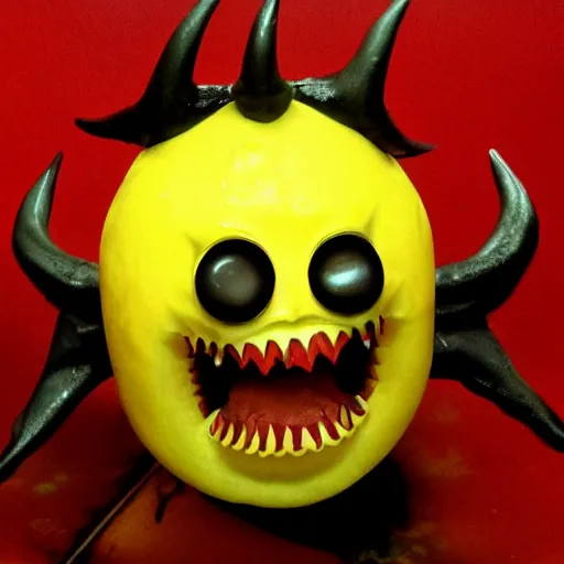 Prompt: Lemon Demon, a yellow lemon with black eyes, sharp teeth and red demon horns