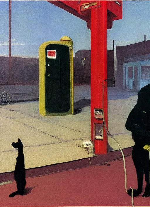 Prompt: two figures and a black dog at gas station with portable oxygen tank in the style of Francis Bacon and Zdzislaw Beksinski, Edward Hopper and Norman Rockwell, highly detailed, very coherent, triadic color scheme