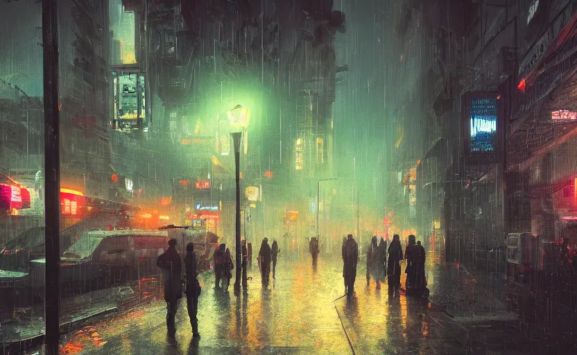 Image similar to A digital painting of a close-up view of a raining cyberpunk street, with four vending machines, some street lights and padestrians, by Ismail Inceoglu and Caspar David Friedrich, 4k, ue5, light effect, rtx on, realistic, cinematic, trending on artstation