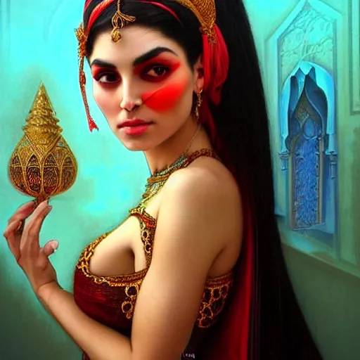 Prompt: Beautiful portrait of a Persian Princess who is an architect, beautiful princess, face painting, beautiful body, attractive, babe, dramatic lighting, intricate, wild, highly detailed, digital painting, artstation, concept art, smooth, sharp focus, illustration, black+velvet+red+Turquoise, dark, art by artgerm and greg rutkowski and alphonse mucha, footage from space camera