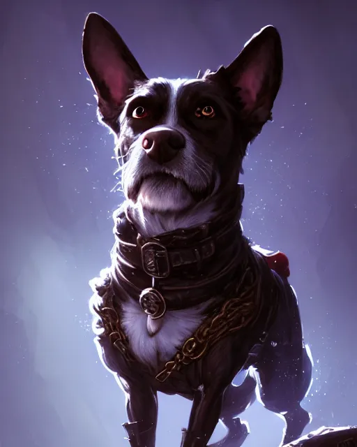 Image similar to Dog Rogue, looking at apple, portrait, D&D, artstation, fantasy, magic the gathering artwork, cinematic lighting, centered, symmetrical, highly detailed, digital painting, , concept art, smooth, sharp focus, illustration, volumetric lighting, epic Composition, 8k, art by Akihiko Yoshida and Greg Rutkowski and Craig Mullins, oil painting, cgsociety