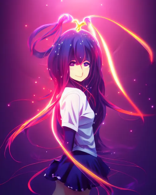 Image similar to anime style, vivid, expressive, full body, 4 k, painting, a cute magical girl with a long wavy black hair, stunning, realistic light and shadow effects, centered, simple background, studio ghibly makoto shinkai yuji yamaguchi