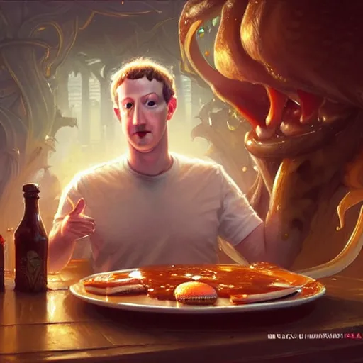 Prompt: Mark Zuckerberg eating big macs, dripping BBQ Sauce, serving happy meals, D&D, spilling ketchup, fantasy, intricate, elegant, highly detailed, digital painting, artstation, concept art, matte, sharp focus, illustration, hearthstone, art by Artgerm and Greg Rutkowski and Alphonse Mucha