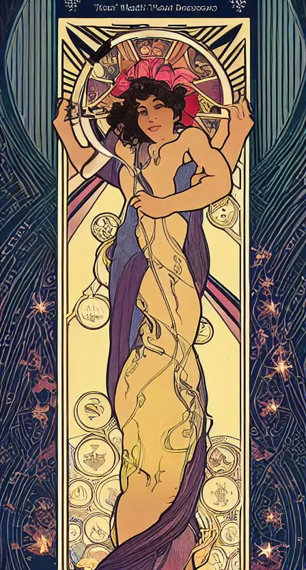 Image similar to a tarot card of a woman pouring water and stars into the earth from space. illustrated in an art deco style by alphonse mucha and an elegant border by tamara de lempika. | studio lighting | digital painting, stunning lighting, trending on artstation
