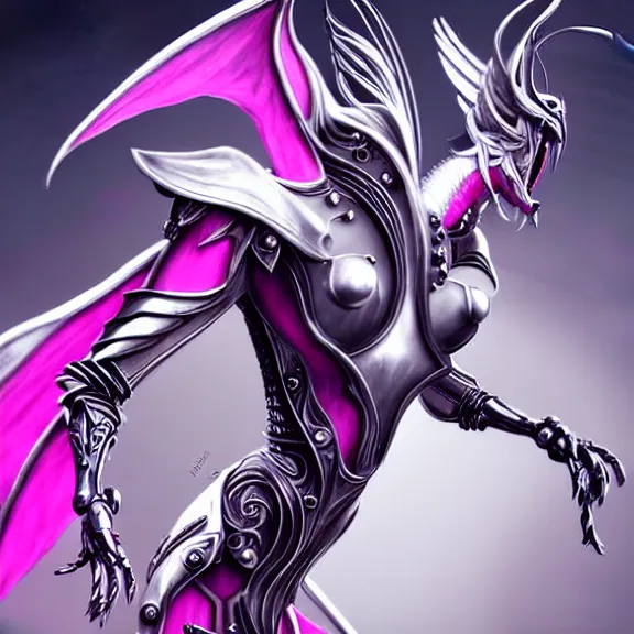 Prompt: highly detailed exquisite fanart, of a beautiful female warframe, but as an anthropomorphic elegant robot female dragon, shiny white silver plated armor engraved, robot dragon head, Fuchsia skin beneath the armor, sharp claws, long sleek tail behind, robot dragon hands and feet, two arms and legs, elegant pose, close-up shot, full body shot, epic cinematic shot, professional digital art, high end digital art, singular, realistic, DeviantArt, artstation, Furaffinity, 8k HD render, epic lighting, depth of field