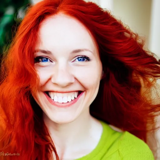 Image similar to a smiling woman with red hair, green eyes, dimples, and rosy cheeks