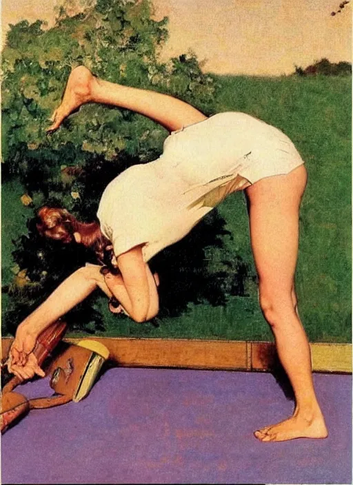 Prompt: a pin up girl doing yoga by norman rockwell and edward hopper