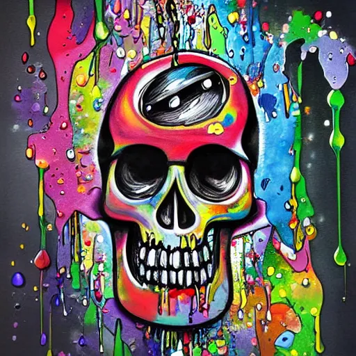 Image similar to drippy, dripping paint, skull, trippy, happy, miyazaki style, exaggerated accents