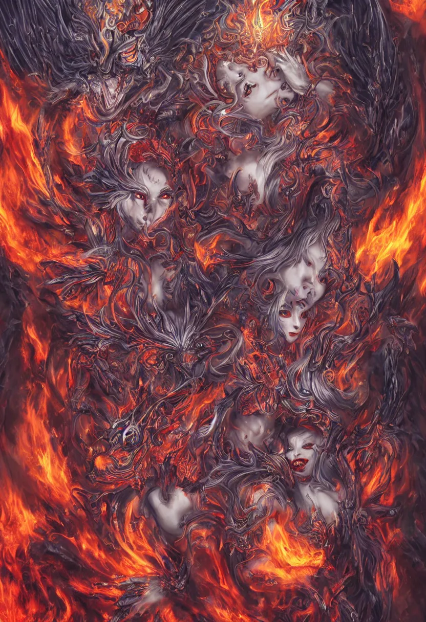 Prompt: stunning female demons surrounded in fire, korean, buddhist, naraka otherworldly rising from the blue fire, crystal amber eyes, wings, very detailed face, smile, monster teeth covered in red, dark and mysterious, full body, rococo, cinematic, epic, very detailed, full body, sun god, death god, hell