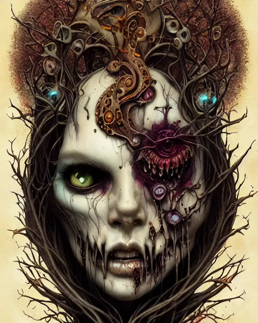 Prompt: perfectly centered portrait front view of a angry dead rotten beautiful broken skull growing ornamentation all around, ornate, detailed, symmetrical, elegant, beautifully soft lit, by wayne barlowe, peter mohrbacher, kelly mckernan