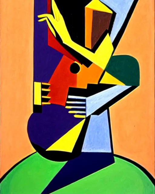 Prompt: a cubism portrait of willie nelson hugging his guitar, in the style of archipenko, alexande, muted colors