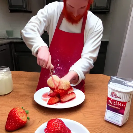 Image similar to painting of redhead boyfriend making strawberry shortcake topped with whipped cream