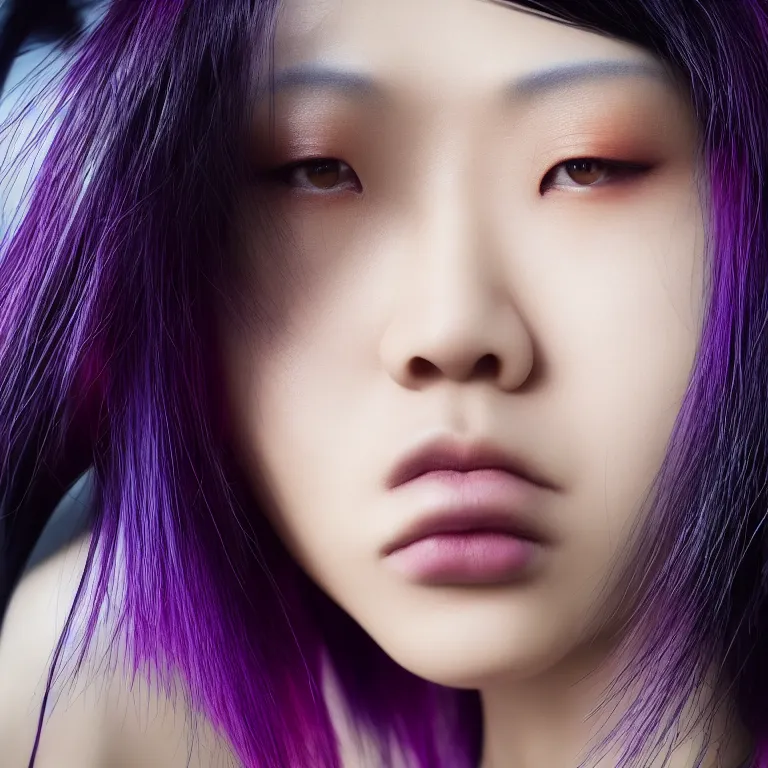 Prompt: Close up portrait of a young Asian Cyberpunk woman with dark purple hair, highly detailed, high quality, HD, 4K, 8K, Canon 300mm, professional photographer, 40mp, lifelike, top-rated, award winning, realistic, sharp, no blur, edited, corrected, trending