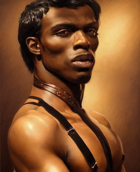 Image similar to a dark skinned muscular man wearing an intricate and detailed suspenders, glistening skin, honey birdette, realistic renaissance portrait, highly detailed, digital painting, artstation, concept art, smooth, sharp focus, cinematic lighting, art by john collier, artgerm and greg rutkowski and alphonse mucha and jacques louis david