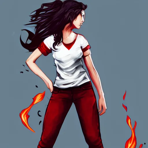 Prompt: Splash art, Kienan Lafferty style girl with a white t-shirt with red sleeves wearing jeans, has fire powers, her hair is made out of fire, her hands are on fire powerful character, trending on artstation