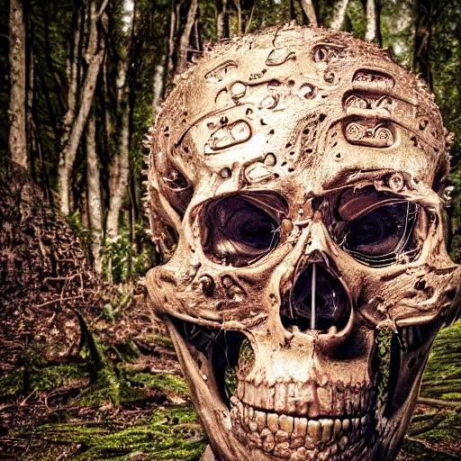 Image similar to very detailed portrait 55mm photo of a mechanical head without skin, with crystal bones and optic fiber nerves, gears in his head and cybernetic enhancements in it's skull. In the forest with bokeh. Ray tracing and tessellation. Very sharp high detailed 8k image