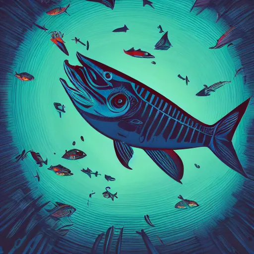 Image similar to profile of one stylized fish in center of view, dark ocean, complex patterns, artstation, intricate, realistic, highly detailed, digital painting, concept art, sharp focus, illustration by tom whalen and charles williams and kilian eng and james jean