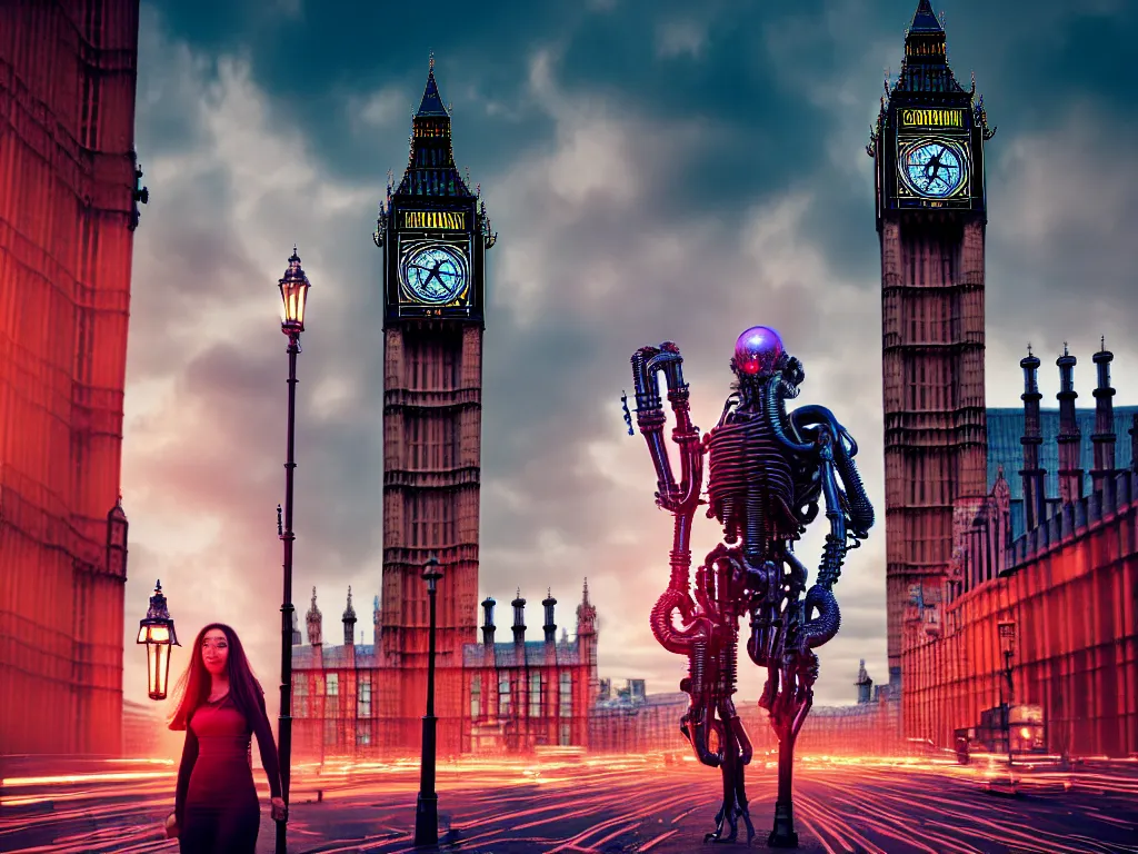 Image similar to a giant ancient beautiful cyborg of the elder gods with pipes and tubes in the city of London, an image of a beautiful cyborg, a beautiful cyborg, a cyborg, London streets with one bigben in the background, colourful, dramatic lighting, spring time, very detailed octane render very realistic beautiful