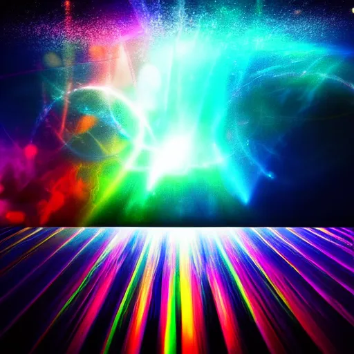 Image similar to chaotic cinematic space rift, dark, rainbow, bright, night