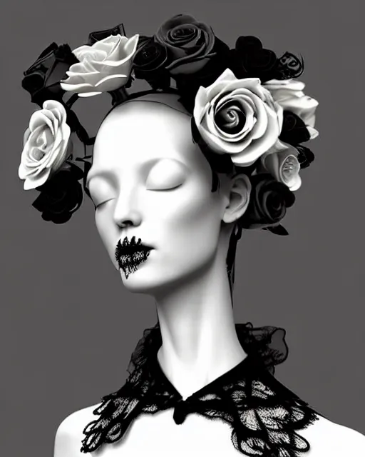 Image similar to dreamy surreal poetic black and white 3D render of a beautiful young porcelain female-creature-cyborg-vegetal with a very long neck and a super big gothic lace collar filled with dead flies and a very high big floral crown with many black dry roses:: smoke, high fashion, haute couture, rococo, avant-garde, elegant, dreamy, hyper realistic, 150 mm lens, avatar Second Life, Anouk A., soft rim light, octane render, unreal engine, volumetric lighting, dramatic light,8k,