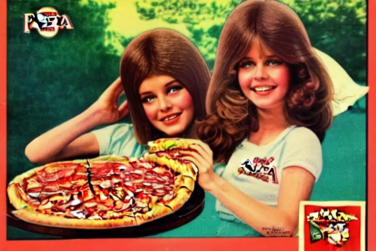 Image similar to 70s, angels, pizza, advertisement