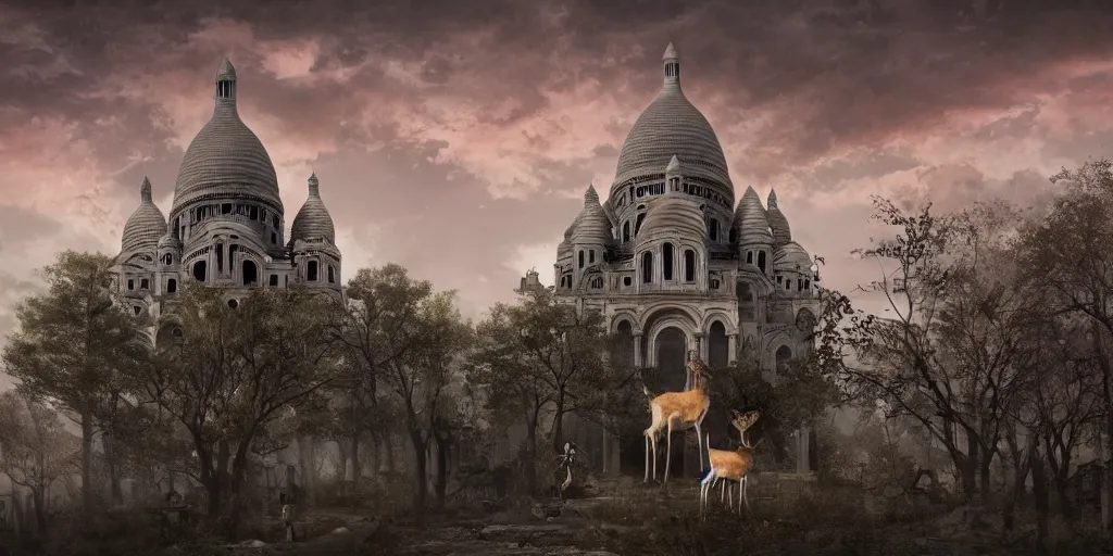 Image similar to the abandoned post-apocalyptic Basilica of Sacré Coeur de Montmartre, toxic orange clouds and contrast the white exterior, a two-headed deer looks on in the distance from the sparse twisted silhouetted foliage, a highly detailed matte painting, featured on Artstation