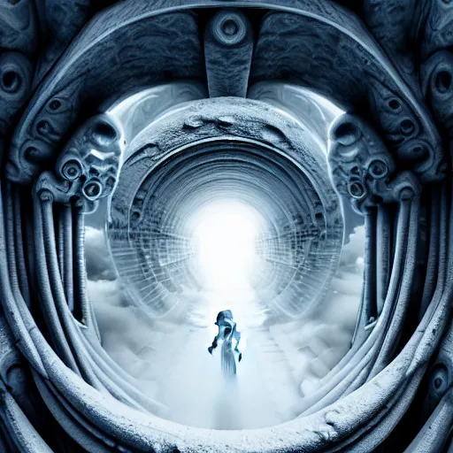 Image similar to open portal to another dimension, with white turbulent image of different time space, ethereal, sci fi, high detail, intricate, giger, photo realistic, 8 k