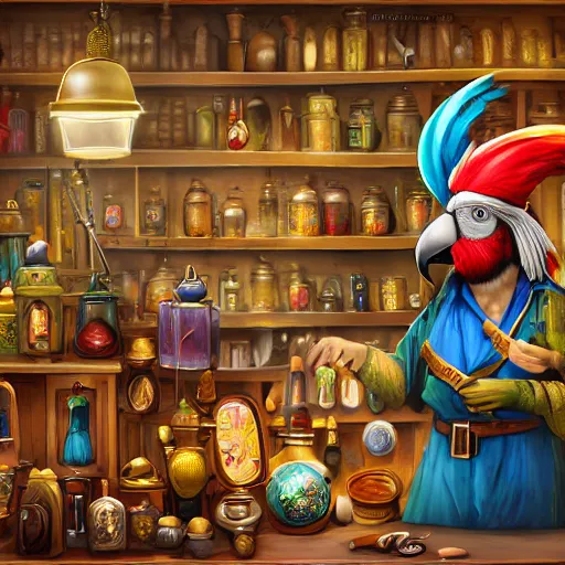 Prompt: Anthropomorphized parrot trader in his shop, medium shot, hands on counter, full body items, weapons, magic potions, trinkets, carpet, lamps, window, fancy hat, warm light, sly expression, cunning expression, cute expression, long thick shiny black beak, D&D, fantasy, cinematic lighting, highly detailed, digital painting, artstation, concept art, smooth, sharp focus, illustration, warm light, cozy warm tint, strong colours, magic the gathering artwork, volumetric lighting, 8k, art by Akihiko Yoshida, Thomas Kinkade, Greg Rutkowski