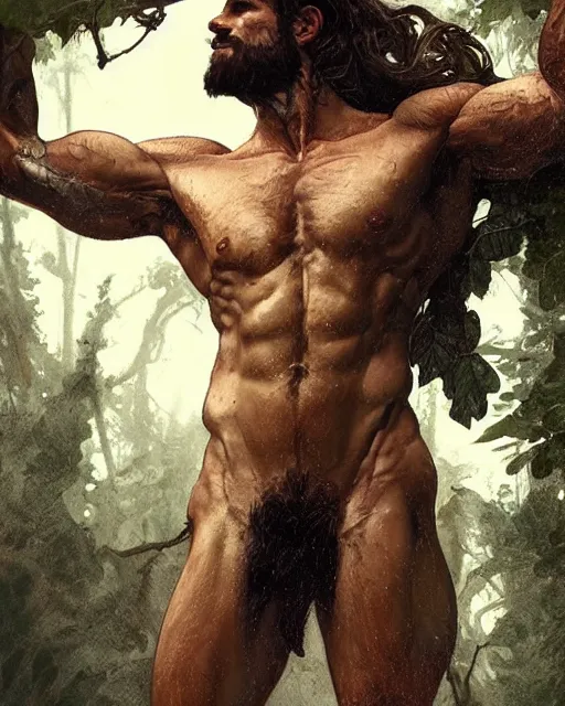 Image similar to god of the forest, 3 0 years old, rugged, male, gorgeous, detailed face, amazing, thighs!!!!!!, muscular, intricate, highly detailed, digital painting, artstation, concept art, sharp focus, illustration, art by greg rutkowski and alphonse mucha