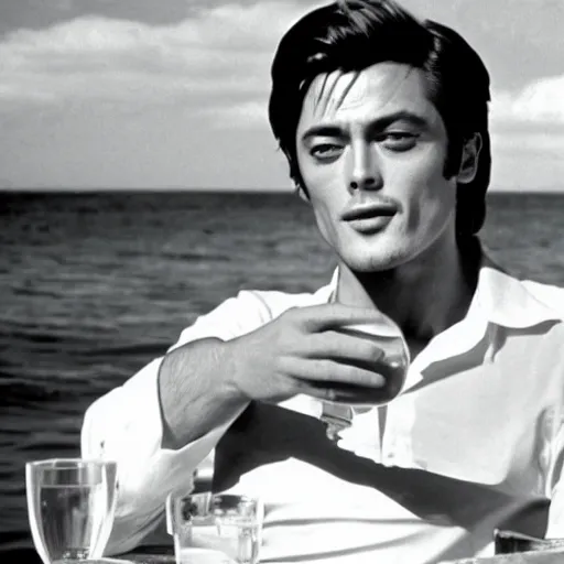 Image similar to alain delon drinking in the sun, in plein soleil ( 1 9 6 0 )