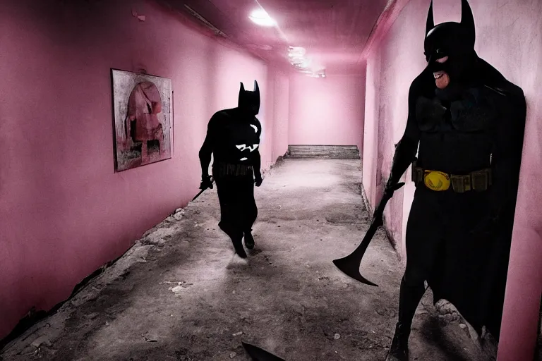 Prompt: batman wearing pink apron wielding an axe, chasing through old brown decrepit hallway, creepy smile, atmospheric eerie lighting, dim lighting, bodycam footage, photograph