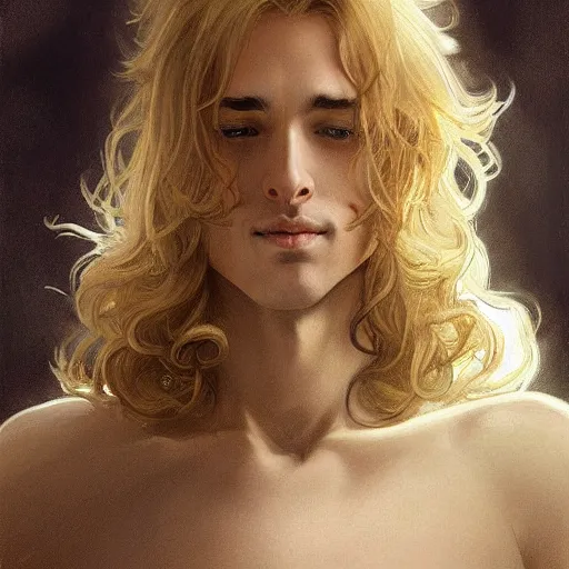 Prompt: A pregnant blond androgynous prince with closed eyes smiling, very detailed sharp angular masculine face, hooked nose and square jaw long fluffy curly blond hair, light blond hair, gorgeous, beautiful, intricate, highly detailed, digital painting, artstation, concept art, sharp focus, illustration, art by greg rutkowski and alphonse mucha